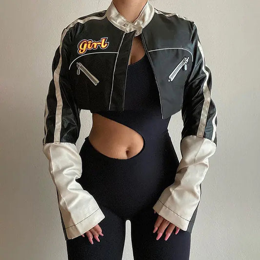 Streetwear Punk Style Patchwork Cropped PU Leather Jacket