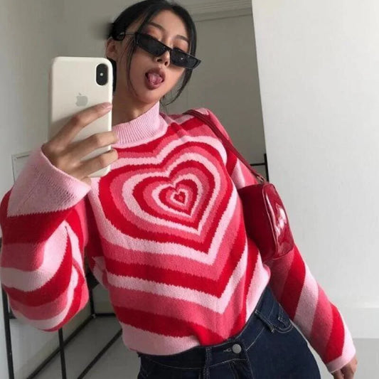 Heart Striped Turtleneck Pullovers
